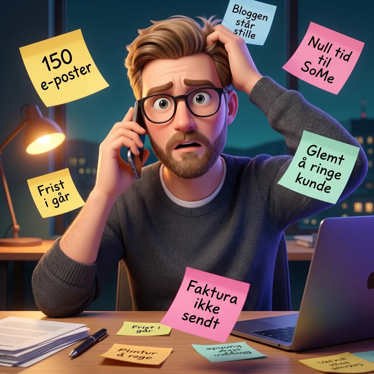 Overveldet daglig leder med post-it-lapper for innboks, sosiale medier, kundeoppfølging og frister som tårner seg opp
